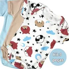 Kit 3 Body Manga Curta Estampado+Liso  Roupa de  Bebê Malha Canelada Algodão Menino Enxoval