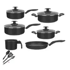 Conjunto De Panela 6 Pçs Teflon Antiaderente Tampas De Vidro Preto