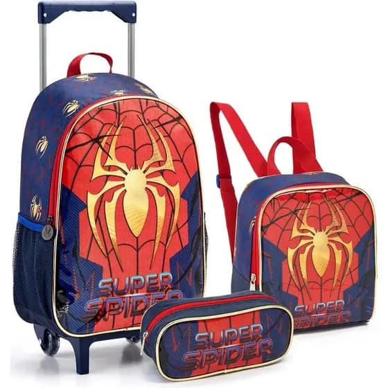 Kit Mochila Escolar Homem Aranha - Mochila Rodinha 16" + Lancheira Térmica +Estojo - Mochila Infantil Seanite Spider Man