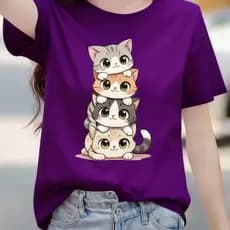 Camiseta Feminina 100% Algodão Premium Estampada Gatinho Pilha Casual Confortável Moda
