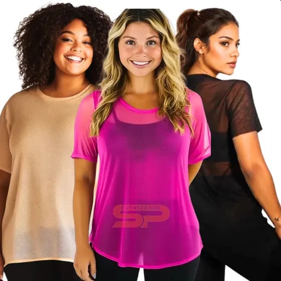 Kit Blusa Feminina Tule Trasparente Telinha Academia Moda Fitness