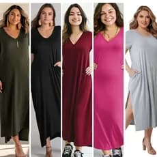 Vestido Gestante Feminino Soltinho Plus Size Longo Com Bolso Fenda Lateral Liso Confortável do P ao G3
