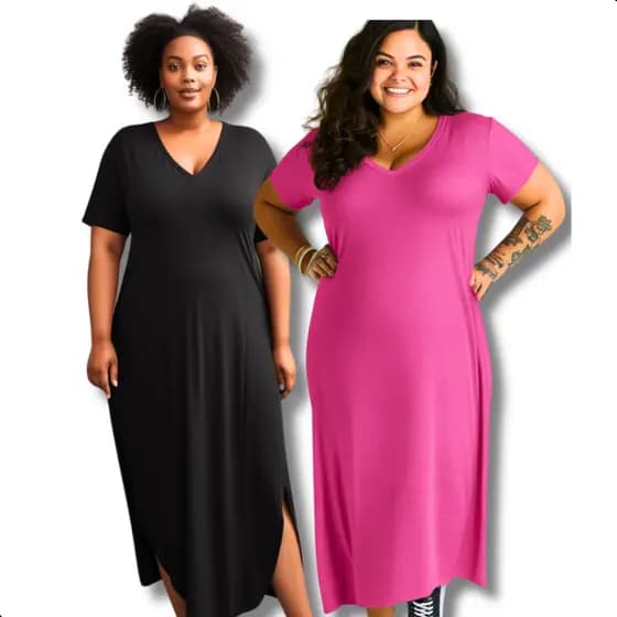 Kit Vestido Longo Feminino Liso Com Fenda Lateral e Gola V