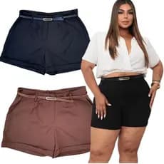 Shorts Plus Size De Alfaiataria Premium Com Bolso e Cinto Elegante Moda Feminina Tendencia Verão Bermuda Plus Size Moda
