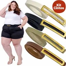 Kit Cintos Plus Size Retangular Fivela Dourada Fino Elegante Moda Feminina Verao