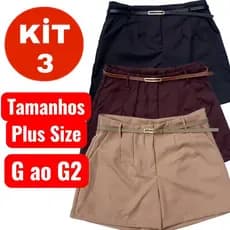 Kit 3 bermuda short com cintos variados com bolsos laterais e ziper frontal tecido premium