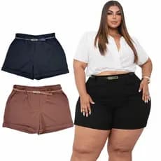 Shorts Plus Size De Alfaiataria Premium Com Bolso e Cinto De Elegante Brinde Moda Feminina Verao