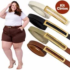 Kit 4 Cintos Fivela Dourada Plus Size Feminino Elegante Comprimento Grande Moda Verão Grande Do P ao G2 Plus Premium