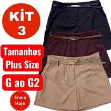 Kit 3 shorts de alfaiataria premium com cinto fevela dourada de brinde gratis oferta moda feminina
