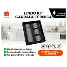 PERSONALIZADA Garrafa Térmica 500ML Jogo 3 Xícaras Aço Inoxidável Cinza Entrega Rápida Personalizada Com Seu Nome