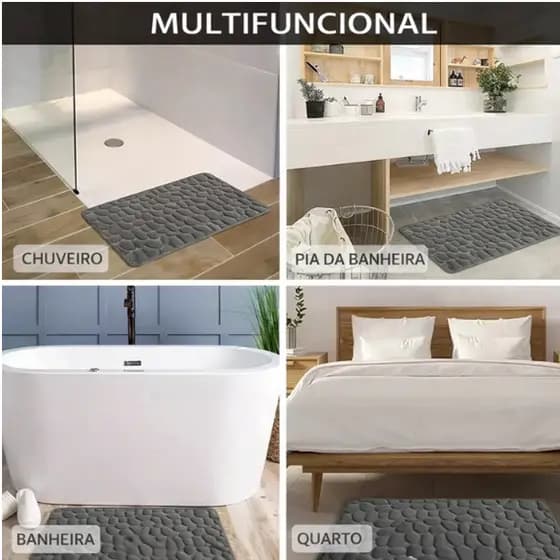 Tapete de Banheiro Antiderrapante Decoração em Relevo de Paralelepípedos Marrom Bege Rosa