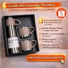 Garrafa Térmica 500ML Jogo com 3 Xícaras Aço Inoxidável Quente ou Água Gelada Bege