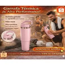 Garrafa Térmica Flip Com Alça e Canudo 900ml Tumbler Copo Térmico Aço Inoxidável Academia Caminhada Não Vaza  Cor Rosa