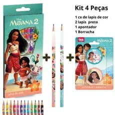 Kit Escolar com Lápis de Cor 12 Cores + Apontador e Borracha  Moana 2 - Tris