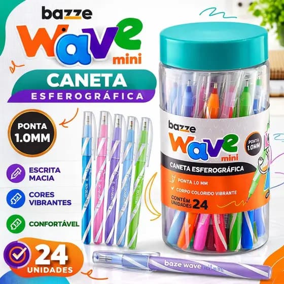 Caneta Wave Mini 1.0mm Colorida Escrita Macia Pote com 24 Canetas Cores Vibrantes Escolar - Bazze