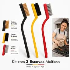 Kit 3 Escovas Aço Metal e Nylon para Limpeza Multiuso