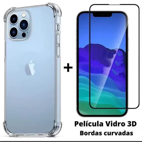 Kit 2em1 Capa + Pelicula Para iPhone 13  Pro - Case Silicone Aveludada + Pelicula de Vidro 3D Full Cover