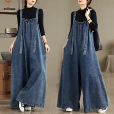 Oladivi Plus Size Feminino Perna Larga Denim Macacões Verão Casual Solto Longo Playsuits Oversized Jean Macacão 603 F113