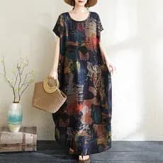 Oladivi Plus Size Moda Impressa Feminina Vestido Boêmio Manga Curta Casual Solto Oversized Verão Túnica Longa 781 D050