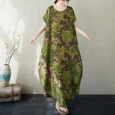 Oladivi Plus Size Moda Impressa Feminina Vestido Boêmio Manga Curta Casual Solto Oversized Verão Túnica Longa 739 D050