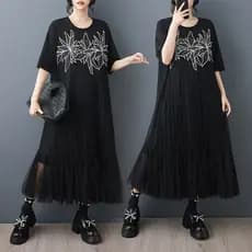 Oladivi Plus Size Mulheres Casual Solto Bordado Vestido Manga Curta Verão Oversized 2017 C018