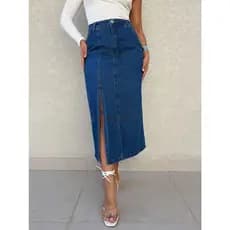 Coolestfeminina 8411 saia jeans feminina lisa  saia midi Sem Elastano Bolsos Reais