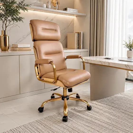 Cadeira Escritório Presidente Wood Caramelo Luxo Base Dourada Giratória Conforto Premium