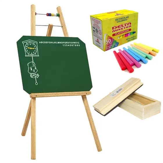 Lousa Infantil Quadro Verde  C/ Cavalete Souza + Apagador P/ Giz + 1 Caixa de Giz