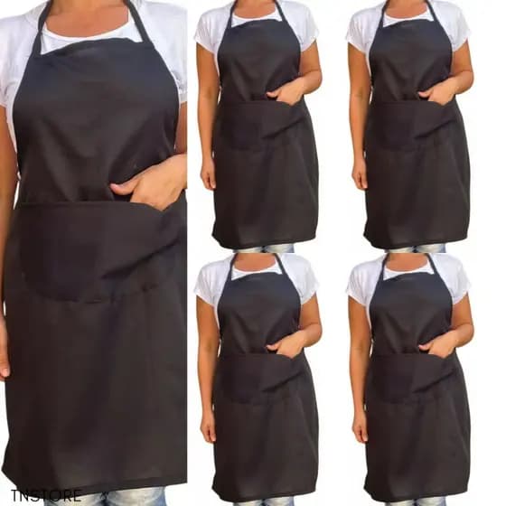 kit 5 Avental de Cozinha Preto Liso C/Bolso - Restaurante, Lachonete