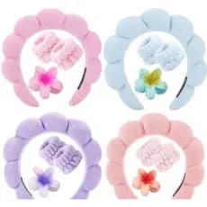 Kit Skincare Tiara Nuvem + Munhequeiras + Presilha Flor Faixa Spa para Cabelo Lavar Rosto Maquiagem