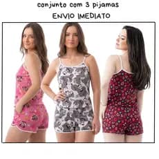 baby doll feminino confortável plus size pijama feminino roupa para dormir short doll estampado liganete poliéster kit 3
