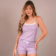 Conjunto Baby Doll Confortável Renda Canelado Feminino Adulto Blusa & Short Para Dormir