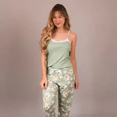 Pijama Baby Doll Feminino Adulto Suede Confortável com Calça Estampada e Blusa Lisa