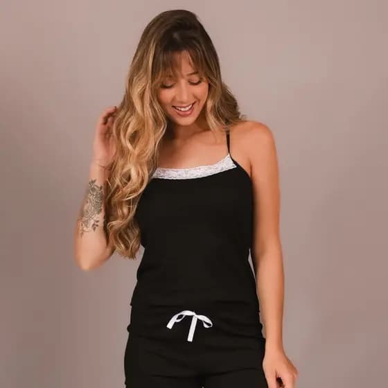 Conjunto Baby Doll  Confortável Renda Canelado Feminino Adulto Blusa & Short Promoção