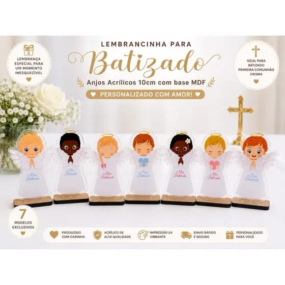 Lembracinha de batizado anjo acrilico 10cm Batizado, Primeira Comunhão, Crisma Impressão UV