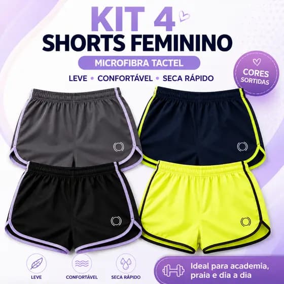 Kit 04 Shorts Feminino Em Tactel - Várias Cores - Moda Praia
