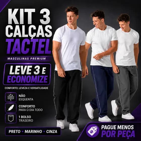 Kit com 03 Calças Masculinas em Tactel - Com Bolso - Ótima para Exercícios, Trabalho e Casual