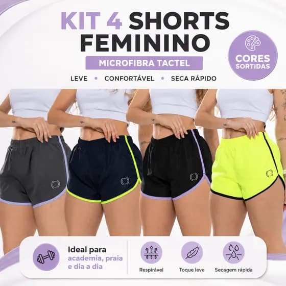 Kit Com 4 Shorts Feminino Várias Cores Para Academia Praia