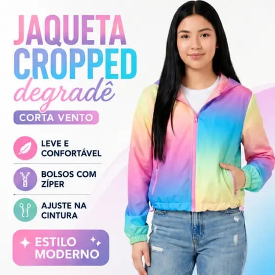 Jaqueta Cropped Feminina Degradê Corta Vento Com Capuz Bolso Zíper Ajustável