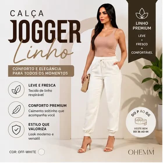 Calça Feminina Linho Off White Com Bolsos Cós Elástico Casual Elegante Confortável Com Punho Elástico