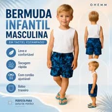 Shorts Infantil Masculina Tactel Estampada Ohemm Secagem Rápida Praia Piscina Dia a Dia