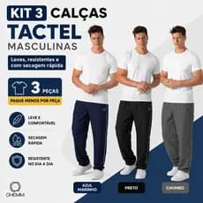 Kit 3 Calças Tactel Masculinas Leves Com Cós Elástico