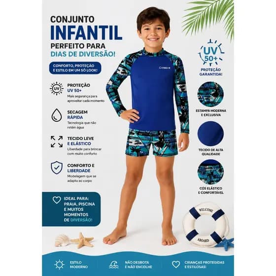 Conjunto Sunga Infantil Juvenil Menino Forro Duplo + Camisa Proteção UV 50 Verão 6 aos 14 anos