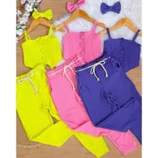 conjunto calça infantil menina colete botão encapado.