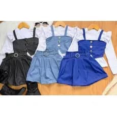 LANÇAMENTO conjunto 3 peças infantil malha jeans macia e qualidad  PREMIUM  fivela em metal strass conjunto saia plissad