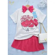 conjunto feminino camiseta estilo over size (estamps pufada)saia com saia short