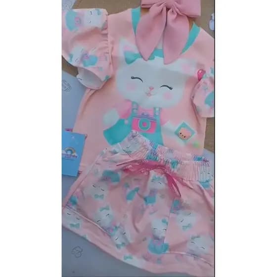 conjunto infantil menina menina delicada manguinha fluida conjunto saia chort  tecido macio encorpado