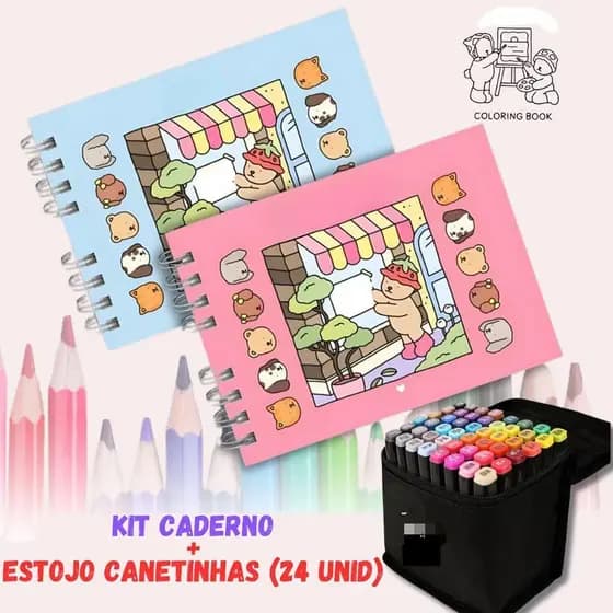 Kit 24/36/48/60/80 Canetinhas Ponta Dupla + Livro De Colorir Infantil Capa Dura
