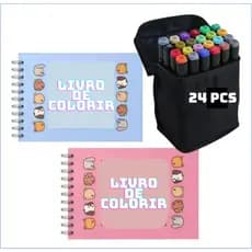 Kit 24 Canetinhas Ponta Dupla + Livro De Colorir Infantil Capa Dura