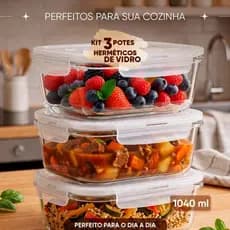 Kit 3 Potes Herméticos de Vidro Retangular Marmita Alimentos Tampa Vedação 1040ml